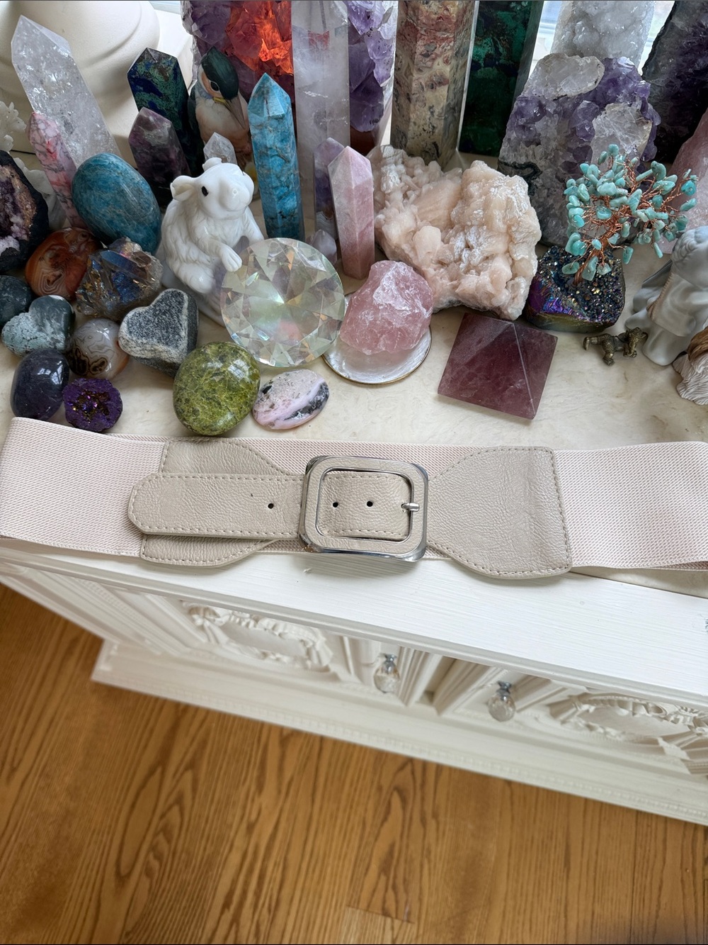 Beige Elastic Waist Belt with Silver Buckle